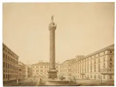 Friedrich Arnold, Idealansicht der Piazza Colonna, Rom, 1810, Pinsel in Braun, Deckweiß und Feder in Schwarz über Bleistift auf Papier