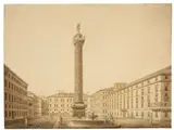 Friedrich Arnold, Idealansicht der Piazza Colonna, Rom, 1810, Pinsel in Braun, Deckweiß und Feder in Schwarz über Bleistift auf Papier