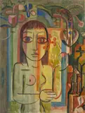 Cesar Klein, Mädchen mit kleinem Esel, 1918, Öl auf Leinwand, mit Nessel hinterlegt