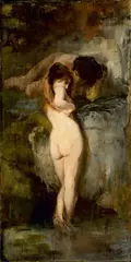 Bruno Piglhein, Liebespaar an der Quelle (Entwurf), 1890, Öl auf Holz. Im Künstlerrahmen