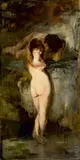 Bruno Piglhein, Liebespaar an der Quelle (Entwurf), 1890, Öl auf Holz. Im Künstlerrahmen