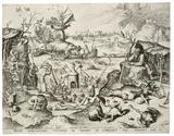 Hieronymus Bosch, Die Versuchung des Heiligen Christophorus“ – ehemals bekannt als „Die Versuchung des Heiligen Antonius, 1561, Radierung und Kupferstich auf Bütten; verlegt bei Hieronymus Cock, gestochen von Jan und Lucas Deutecum