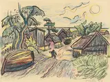 Max Pechstein, Fischerhäuser in Ückeritz, 1949, Farbkreide und Tuschfeder auf festem Velin