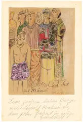 Else Lasker-Schüler, Hadassah und ihre fünf Männer, Um 1935, Farbkreide, Bleistift und Zinnfolie auf Papier, von der Künstlerin auf ein weiteres Blatt Papier montiert
