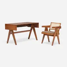 Desk and chair from Chandigarh by Pierre Jeanneret, c. 1958-60, teak, cane, upholstered cushion, sold Jul 2026