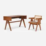 Pierre Jeanneret, Desk and chair from Chandigarh, c. 1958-60, teak, cane, upholstered cushion