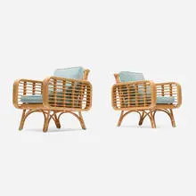 India Mahdavi, Cap Martin armchairs, pair, rattan, brass, upholstery
