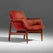 Lounge chair, model NV-53 by Finn Juhl, 1953, upholstery, teak, brass, sold Jul 2026