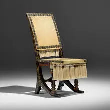 Carlo Bugatti, Chair, c. 1888-1890, ebonized wood, Italian walnut, pewter, copper, vellum, silk, ink