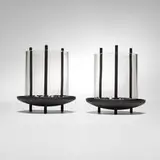 Stan Hawk and R. Coelho-Cordoza, Hurricane candle holders, pair, c. 1948, iron, glass