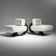 Alta lounge chairs, pair by Oscar Niemeyer, 1971 / 2013, lacquered wood, leather, stainless steel, sold Mar 2026