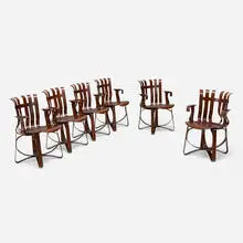 Hat Trick armchairs, set of six by Frank Gehry, stained laminated maple, sold Mar 2026