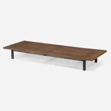 Bench from Cité Cansado, Mauritania, Africa by Charlotte Perriand, 1958, mahogany, enameled steel, sold Mar 2026