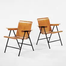 Russel Wright, folding chairs, pair, 1950s, birch, steel