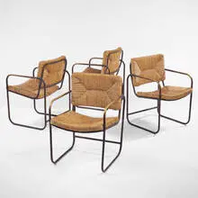 attribution Walter Lamb, outdoor chairs, set of four, 1950s, bronze, caning