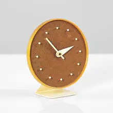 George Nelson, table clock, model 4767, 1949, masonite, wood, metal