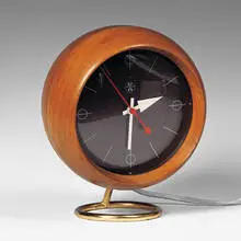 George Nelson, Headlight table clock, model 4765, 1949, walnut, brass