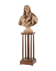 Jean-Jacques Caffieri, French Terracotta Bust of French Dramatist Jean de Rotrou (1609-1650) on an Associated Walnut Pedestal, Terracotta