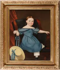 American Primitive School, A portrait of a young girl in a blue dress, oil on canvas
