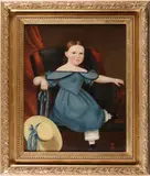 American Primitive School, A portrait of a young girl in a blue dress, oil on canvas