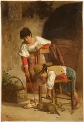 Carlo Valensi, Giocando con il gatto, oil on canvas