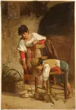 Carlo Valensi, Giocando con il gatto, oil on canvas