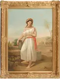 A woman gathering water from a well in an exotic landscape by Continental School, oil on canvas laid down on masonite, offered Jun 2019