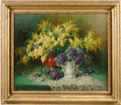 A still life of spring flowers on a draped table by Julien Stappers, oil on canvas, offered Jun 2019