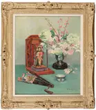 G. Guillor, A still life with spring blossoms, a japanese figurine, a cup and a fan, oil on canvas