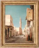 Denis Joseph Ernest Berard, A middle-eastern street scene with a red striped mosque, oil on canvas