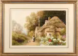 C. Thornton, Figures outside a thatched cottage with a garden in bloom, watercolor and pencil on paper