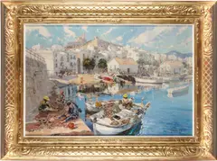 Ignacio Gil Y Sala, A Mediterranean coastal scene with fisherfolk preparing their nets, oil on canvas