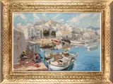 Ignacio Gil Y Sala, A Mediterranean coastal scene with fisherfolk preparing their nets, oil on canvas