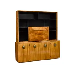 Dropfront Desk Bookcase Unit on Cabinet by Gilbert Rohde, walnut, ebonized wood, glass, brass, sold Nov 2019