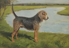 George Paice, 'Druid' & 'Driver' A Brace of Otter Hounds Standing on the Banks of the River Annan