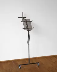 Sturmschadensimulator by Andreas Slominski, 1999, Metall, Gummiband und Dachpfanne, sold May 2014