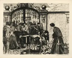 Ein Weberaufstand by Käthe Kollwitz, 1893, Folge von 3 Lithographien und 3 Radierungen auf unterschiedlichen Papieren. Maße siehe rechts, sold Nov 2013