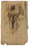 Horst Janssen, Gesellschaft aus der Wertherzeit nach Klinger, 1975, Bleistift und Rötel auf altem Bütten (Rückseite des Titelblatts der Publikation „Alterthümer von Attika“, Darmstadt und Leipzig 1826-32)