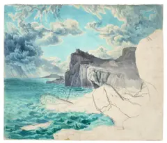 August Kopisch, Sturm an einer Felsenküste, Aquarell über Bleistift auf Papier