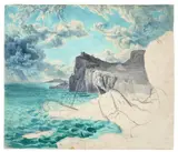 August Kopisch, Sturm an einer Felsenküste, Aquarell über Bleistift auf Papier