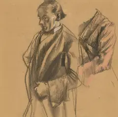 Adolph von Menzel, Mann in mittleren Jahren mit Hut, nach links gewendet, und Gewandstudie, Kreide auf hellbraunem Papier. Auf Karton aufgezogen