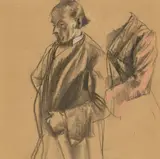 Adolph von Menzel, Mann in mittleren Jahren mit Hut, nach links gewendet, und Gewandstudie, Kreide auf hellbraunem Papier. Auf Karton aufgezogen