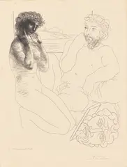 Pablo Picasso, Sculpteur et modèle se regardant dans un miroir calé sur un autoportrait sculpté, 1933, Radierung auf Velin