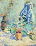 Oskar Moll, Stilleben mit blau-grauem Krug, Primeltopf und Kürbis