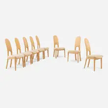 Niels Koefoed, Camilla dining chairs, set of eight, c. 1975, pine, sheepskin