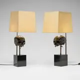 Blackman Cruz Workshop, Skull table lamps, pair, 1995, patinated bronze, lacquered wood, linen
