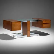 Vladimir Kagan, Desk, c. 1970, walnut, aluminum, glass