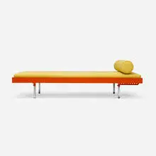 Daybed by Ludwig Mies van der Rohe, upholstery, enameled steel, chrome-plated steel, sold Nov 2025