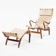 Bruno Mathsson, lounge chair and ottoman, 1934, walnut, webbing
