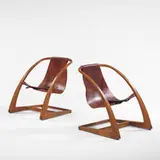 1960s, lounge chairs, pair, oak, leather